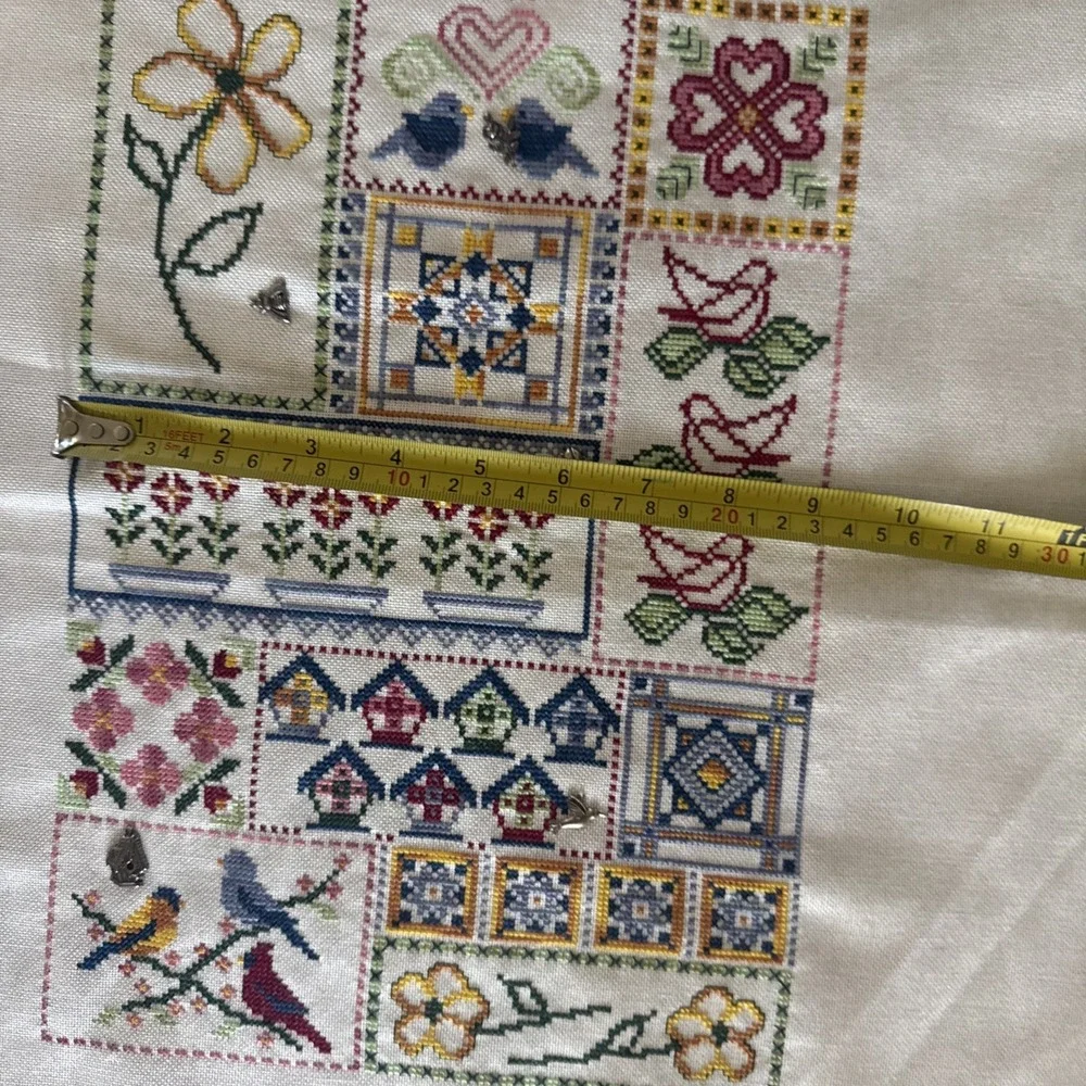Vtg Completed Cross Stitch Quilt Style 13x9 Granny Core‎ Bird House Floral